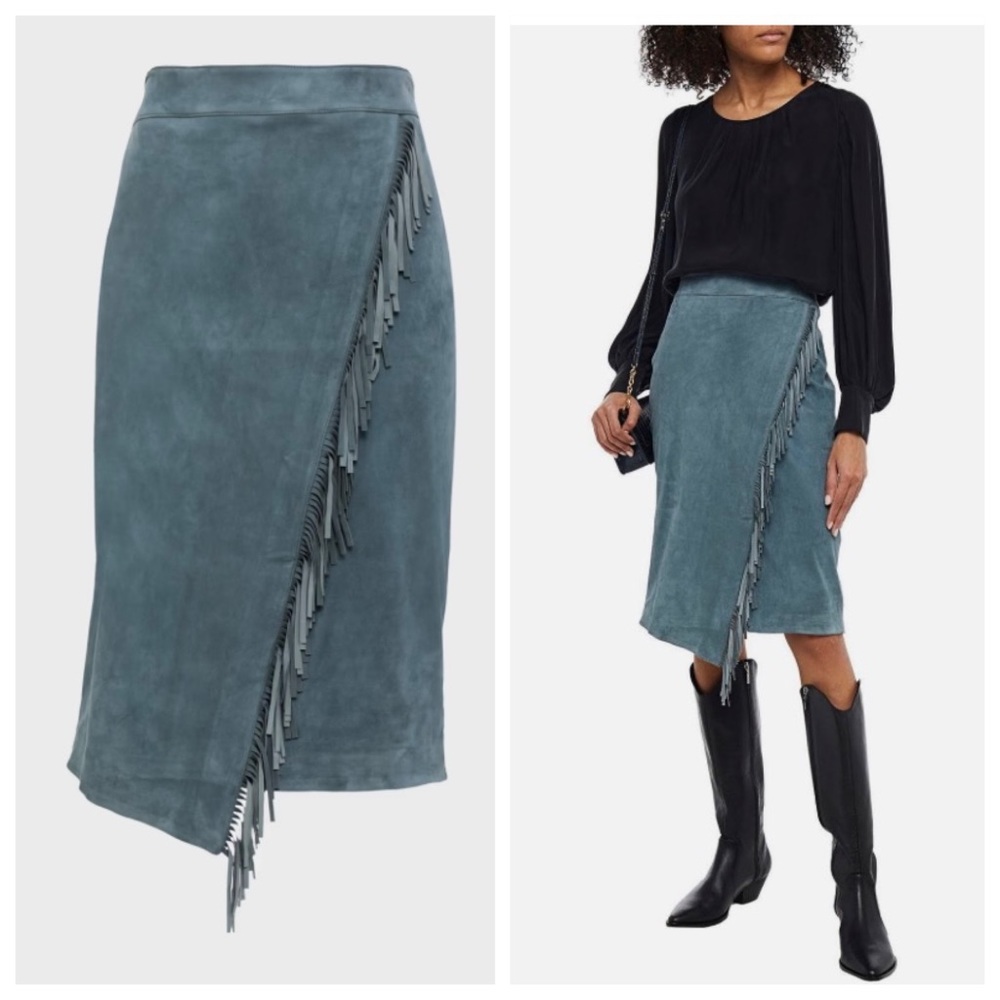 NWT Veronica Beard Sanoe Fringed Lambskin Suede Skirt Sz 8